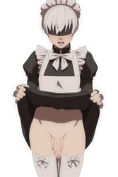 1boy balls blush bottomless clothed clothing covered_eyes crossdressing femboy gay human khexxi lifting_skirt light-skinned_male light_skin maid maid_apron maid_headdress maid_outfit maid_uniform male male_focus male_only nier:_automata nier_(series) pale_skin partially_clothed penis penis_out precum precum_drip presenting_penis solo standing uncut yorha_9s