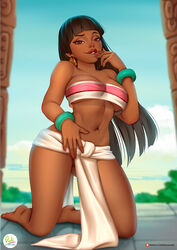 bandeau bedroom_eyes biting_lip black_hair brown_eyes chel cleavage dark-skinned_female dark_skin didi_esmeralda feet kneeling large_breasts loincloth long_hair pussy_peek the_road_to_el_dorado tubetop voluptuous wristbands