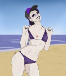 1boy baseball_cap beach bikini cap femboy flaccid foreskin girly goth min0 pale_skin penis penis_out purple_hair shaved_side smile solo swimsuit trap uncut