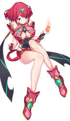 1girls ass big_breasts breasts busty cleavage curvy curvy_female curvy_hips green322 legs legs_crossed nintendo pyra sitting thick_thighs thighs tight_shorts white_background xenoblade_chronicles_2