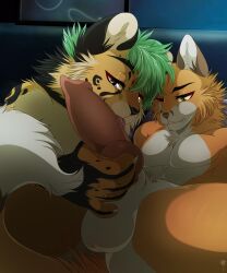 anthro balls canid canine cheetah dominant duo felid feline felix_(roadd) fox genitals green_hair hair hi_res knot knot_grab licking male male/male mammal oral spots tongue tongue_out tonosan