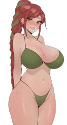 1girls bikini blush blushing_at_viewer bodily_fluids braid braided_hair braided_ponytail breasts cassie_(paladins) cleavage clothed clothed_female clothing female female_only freckles freckles_on_breasts giant_breasts green_bikini green_bra green_eyes green_panties hi-rez_studios hourglass_figure huge_breasts human light-skinned_female light_skin navel nova_workxxx paladins paladins_champions_of_the_realm ponytail red_hair solo sweat sweating thick_thighs thighs white_background wide_hips