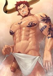 1boy abs agielba animal_ears arm_tattoo bara bare_pectorals beard blush chest_tattoo cow_boy cow_ears cow_horns draph facial_hair flaccid flashing from_below granblue_fantasy groin highres horns large_pectorals looking_at_viewer looking_down looking_down_at_viewer low-angle_view male male_focus male_only male_pubic_hair mature_male muscular muscular_male naked_towel navel nipples one_eye_closed pectorals penis precum presenting presenting_penis pubic_hair red_hair short_hair smile solo steam stomach tattoo thick_eyebrows thick_thighs thighs towel towel_around_waist uncensored wet zink_(zink_mchn)