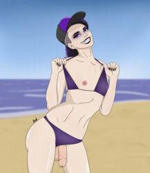 1boy baseball_cap beach bikini cap femboy flaccid foreskin girly goth min0 penis penis_out purple_hair shaved_side smile solo swimsuit trap uncut