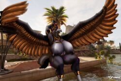 1girls ancient_egypt anthro areolae avian bbw beak breasts chubby chubby_female egyptian_mythology erect_nipples furry gold hand_behind_head horus huge_breasts looking_at_viewer mythology nipple_piercing nipple_rings nipples piercing pussy sitting solo spread_wings thick_thighs tyunre veiny_breasts water wings