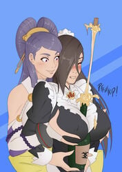 2girls alcohol alternate_costume assisted_paizuri biting_lip blush breast_grab breast_hold breast_squeeze brown_hair champagne closed_eyes cork embarrassed erect_nipples erect_nipples_under_clothes exposed_shoulders fire_emblem fire_emblem_fates fire_emblem_heroes heavy_blush kagero_(fire_emblem) kagero_(halloween)_(fire_emblem) maid maid_uniform multiple_girls nipple_bulge oo_sebastian_oo orochi_(fire_emblem) paizuri paizuri_over_clothes popping_cork purple_hair titjob yuri