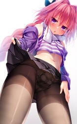 1boy ass_visible_through_thighs astolfo_(fate) balls balls_in_panties bare_shoulders belly black_pantyhose blush bulge canon_crossdressing crossdressing eyebrows eyebrows_visible_through_hair eyelashes fate_(series) femboy from_below girly hand_on_own_thigh hand_on_thigh lifted lifted_by_self lifting lifting_skirt looking_down low-angle_view male male_focus male_only midriff navel panties_under_pantyhose pantyhose peshita pink_hair purple_eyes simple_background skirt skirt_lift sleeveless_shirt solo solo_focus solo_male standing striped_shirt thick_thighs thighs trap upskirt white_background