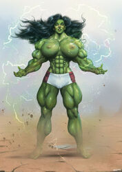 1girls abs clc1997 extreme_muscles female_only huge_breasts marvel marvel_comics muscular_female muscular_thighs she-hulk short_shorts thick_thighs topless topless_female