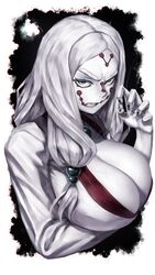 angry arm_under_breasts big_breasts bluecup cleavage demon_girl demon_slayer facial_markings female female_only huge_breasts kimetsu_no_yaiba kimono looking_at_viewer milf mother_spider_demon nail_polish painting_(artwork) silver_eyes solo thick_eyebrows upper_body white_hair white_skin