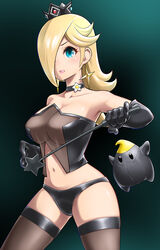 1girls 1other 2021 alternate_costume angry_dom armor bare_shoulders black_clothing black_eyes black_gloves black_panties black_thighhighs blonde_hair blue_background blue_eyes bondage bondage_outfit breasts bustier choker cleavage clothing crown dominatrix earrings elbow_gloves eyebrows_visible_through_hair female femdom floating fully_clothed gloves gradient_background hair_over_one_eye highres jewelry large_breasts lingerie long_hair looking_at_viewer luma mario_(series) midriff navel nintendo panties princess princess_rosalina revealing_clothes see-through see-through_clothing simple_background standing star star_earrings stockings super_mario_galaxy teeth thighhighs thighs underwear unhappy_female wand whip zettai_ryouiki zibundazenbu