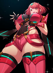 1girls belly_button big_breasts busty cleavage curvy curvy_female curvy_hips green322 pyra red_eyes red_hair shorts thick_thighs thighhighs thighs tight_shorts viewed_from_below xenoblade_chronicles_2