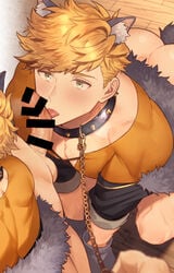 2boys animal_collar animal_ears ass bangs bar_censor bara blonde_hair blush censored collar erection fellatio granblue_fantasy higashigunkan kneeling licking licking_penis male_cleavage male_focus male_only multiple_boys muscular muscular_male official_alternate_costume oral orange_shirt pectorals penis pov shirt short_hair sideburns solo_focus stomach tail tongue tongue_out undercut vane_(granblue_fantasy) wolf_boy wolf_ears wolf_tail yaoi