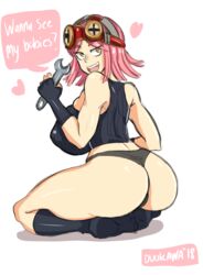 ass bare_thighs big_ass big_breasts black_panties breasts duo_kawa female gloves goggles goggles_on_head mei_hatsume my_hero_academia nipples no_pants panties pink_hair thick_thighs thong tight_clothing tights tools underwear yellow_eyes