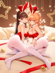 2girls bare_shoulders blonde_hair brown_hair bunny_ears female female_only leotard looking_at_viewer original purple_eyes re:shimashima red_eyes revealing_clothes shiny_clothes sitting smile tight_clothing white_legwear