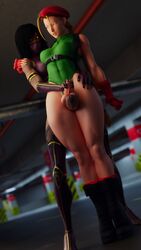 2futas 3d balls cammy_white casual clothing cock_pointing_towards_viewer crossover dark-skinned_futanari dark_skin erection futa_on_futa futa_only futadom futanari futasub garean human intersex leotard leotard_aside manual mileena mortal_kombat muscular_futanari panties penis penis_out penis_size_difference public street_fighter thigh_sex