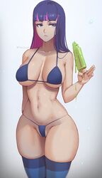 1girls bikini bikini_top black_hair blue_eyes breasts disinterested emotionless expressionless eyelashes female female_focus female_only gainax looking_at_viewer mostly_nude panty_&_stocking_with_garterbelt phat_smash popsicle simple_background solo solo_female solo_focus stocking_anarchy thick_thighs thighhighs toned toned_female toned_stomach wide_hips
