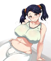 belly big_breasts black_hair bulge chubby futa_only futanari large_breasts looking_at_viewer midriff ryo_agawa solo_futa sweat sweatdrop twintails