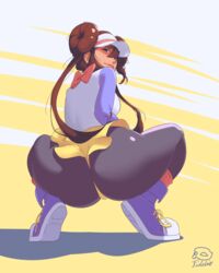 1girls ass ass_focus blue_eyes brown_hair cap double_bun doughnut_hair_bun eye_contact female fidelio leggings long_hair looking_at_viewer looking_down nintendo pokemon pokemon_bw2 rosa_(pokemon) shoes sneakers squatting twintails