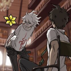 2boys animated clothed clothing color danganronpa danganronpa_2:_goodbye_despair gay hinata_hajime male male/male male_focus male_only nagito_komaeda pants_down pants_pulled_down shaking sitting sitting_on_chair straight_hair suggestive suggestive_look underwear_down undressing yaoi yndr4hope