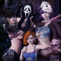 4girls armpit_fetish armpit_peek armpits bishoujo_freddy bishoujo_freddy_krueger bishoujo_jason bishoujo_jason_voorhees bishoujo_terror blonde_hair blood bloody_knife blue_eyes breasts brown_hair chucky claws cleavage dbd dead_by_daylight female female_chucky female_freddy_krueger female_ghostface freckles freckles_on_chest freckles_on_face freddy_krueger friday_the_13th genderswap genderswap_(mtf) ghostface green_eyes halloween hockey_mask holding_knife holding_weapon jason_voorhees jessica_voorhees mask multiple_girls nightmare_on_elm_street nixee3d orange_hair pale_skin puckered_lips purple_hair ripped_clothing ripped_shirt rule_63 scars scary_movie scream scream_(franchise) sideboob smile stitched_face stitches wink winking