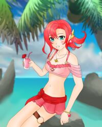 1girls alternate_costume bare_legs bikini bikini_skirt blue_eyes cleavage drink fire_emblem fire_emblem:_new_mystery_of_the_emblem fire_emblem:_shadow_dragon fire_emblem_heroes grin looking_at_viewer medium_breasts medium_hair necklace nintendo norne_(fire_emblem) norne_(summer)_(fire_emblem) ocean red_bikini red_hair red_swimsuit shiny_sc smile solo solo_female swimsuit textless