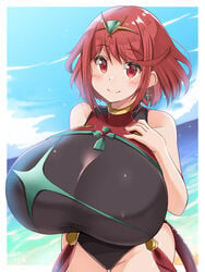 1girls bangs beach black_swimsuit blush breasts colored core_crystal crystal earrings female gem green_gem hair_ornament hand_on_breast huge_breasts hyper hyper_breasts jewelry kurocaze looking_at_viewer nintendo ocean one-piece_swimsuit pyra red_eyes red_hair sand short_hair sky smile swept_bangs swimsuit thick_thighs thighs tight_clothing tight_swimsuit water xenoblade_(series) xenoblade_chronicles_2