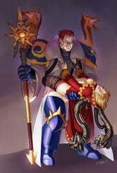 1boy 3_eyes adeptus_mechanicus armor blonde_hair breasts chaos_(warhammer) chaos_space_marine clothed_sex clothing_pull female happy_sex held_up heterosexual holding_partner imperium_of_man lifting multi_eye on_back red_hair size_difference standing_sex straight syberfab techpriest thousand_sons warhammer_(franchise) warhammer_40k