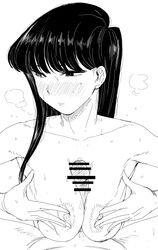 1boy 1girls armpits asian asian_female bar_censor big_breasts blush breasts censored expressionless female greyscale kaiman_garupan komi-san_wa_komyushou_desu komi_shouko male male_pov monochrome nipples nude paizuri penis pov straight sweat upper_body