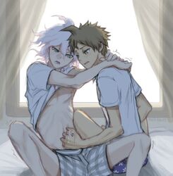 2boys clothed clothed_sex clothing color danganronpa danganronpa_2:_goodbye_despair gay handjob hinata_hajime leaking leaking_penis leaking_precum legs_apart looking_down male male/male male_focus male_only male_penetrating nagito_komaeda on_bed penis penis_out sex sitting smooth_skin yaoi yndr4hope