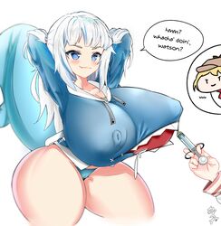 alternate_breast_size arms_behind_back arms_up blue_eyes blue_hair breast_expansion chibi cleavage drool english_text erect_nipples erect_nipples_under_clothes female gawr_gura hololive hololive_english hoodie huge_breasts hyper_breasts injection kazuya_zoey monster_girl multicolored_hair nipples_visible_through_clothing no_pants oerba_yun_fang panties shark_girl shark_tail shortstack smol_ame smug syringe tagme text text_bubble thick thick_tail thick_thighs virtual_youtuber visible_nipples voluptuous watson_amelia what white_hair wide_hips