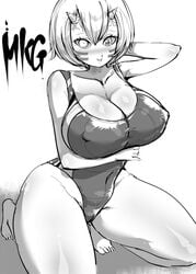 alternate_costume arm_under_breasts big_breasts chiroru demon_girl demon_slayer erect_nipples_under_clothes facial_markings female female_only horns kimetsu_no_yaiba kneeling looking_at_viewer monochrome mukago one-piece_swimsuit short_hair smile solo swimsuit thick_thighs wide_hips