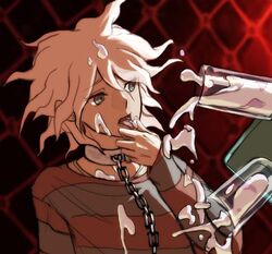 1boy chain_leash clothed clothing collar color danganronpa danganronpa_ultra_despair_girls leash licking looking_to_the_side male male_focus male_only milkshake nagito_komaeda red_background servant_(danganronpa) solo solo_focus solo_male straight_hair suggestive suggestive_fluid suggestive_food white_hair yndr4hope