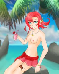 1girls alternate_costume bare_legs bare_shoulders bikini bikini_skirt blue_eyes collarbone drink fire_emblem fire_emblem:_new_mystery_of_the_emblem fire_emblem:_shadow_dragon fire_emblem_heroes grin looking_at_viewer medium_breasts medium_hair necklace nintendo nipples norne_(fire_emblem) norne_(summer)_(fire_emblem) ocean red_bikini red_hair red_swimsuit shiny_sc smile solo solo_female swimsuit textless topless