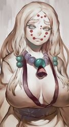 big_breasts cleavage demon_girl demon_slayer detailed facial_markings female female_only hair_ornament ibuo kimetsu_no_yaiba kimono long_hair milf mother_spider_demon necklace obi painting_(artwork) sad silver_eyes solo thick_eyebrows white_hair white_skin