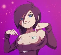 blue_eyes eyelashes flashing light_skin original pasties ponytail purple_hair shirt_down short_hair small_breasts smiling tagme zone zone-tan