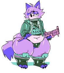 1boy 2021 3_toes ahoge anthro big_butt big_thighs black_claws bulge fox gun hair_tuft holidaydipstick jacket knee_pads knife looking_at_viewer male male_only ms_paint navel original overweight partially_clothed purple_body purple_fur simple_background solo standing thong