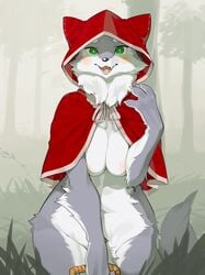 1girls anthro areolae blush breasts canine casual cloak clothing countershading female female_only forest fur furry furry_only green_eyes grey_fur kame_3 little_red_riding_hood looking_at_viewer nipples nude nude_female open_mouth outerwear paws red_hood red_riding_hood solo solo_female very_high_resolution white_fur wolf wolf_ears wolf_tail