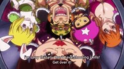 1boy 1girls animated artist_request beast_pirates beast_pirates_(cosplay) big_breasts bikini bouncing_breasts breasts carrot_(one_piece) female huge_breasts male nami one_piece post-timeskip screencap usopp