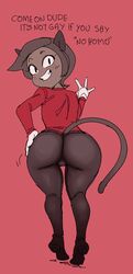 1boy anthro big_ass big_butt brown_fur brown_hair cat_ears cat_tail dark-skinned_male dark_skin denial dress_pants feline femboy gay looking_at_viewer looking_back male_only no_homo ok_k.o.!_let's_be_heroes purrcival smile smiling_at_viewer tagme