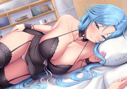 1boy 1girls azur_lane bed big_breasts black_lingerie blue_eyes blush breasts clothed clothed_female female_focus indoors large_breasts light-skinned_female light-skinned_male light_blue_hair light_skin lingerie long_hair looking_at_viewer male_pov melopun northern_parliament_(azur_lane) pillow pov smile solo_focus sovetskaya_belorussiya_(azur_lane) sovetskaya_belorussiya_(relaxation_stratagem)_(azur_lane)