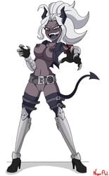 armor armored_boots belt black_horn black_jacket boots breasts dark-skinned_female dark_skin demon demon_girl demon_tail female female_focus female_only gauntlets helltaker high_heels horn judgement_(helltaker) looking_at_viewer negum_akil nipples pussy sharp_teeth simple_background smile smiling_at_viewer solo tail teeth white_eyebrows white_eyes white_hair