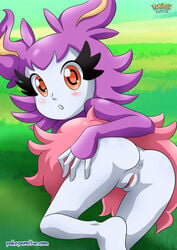 1girls anthro anus aromatisse ass blush looking_at_viewer outside pokémon_(species) pokemon pokemon_xy pokephilia pokepornlive pussy red_eyes solo