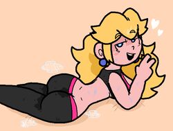 1girls ass ass_cleavage bahamutgreen blonde_hair blue_eyes breasts butt_crack ear_piercing earrings female female_only heart hearts long_hair looking_at_viewer low_cut_pants lying lying_on_stomach mario_(series) musk nintendo on_stomach peace_sign princess_peach simple_background smiling solo spoken_heart steam sweat sweat_pants sweat_stain sweatdrop sweatdrops sweaty workout_clothes