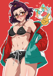 1girls 2021 bikini_top blush bones_(studio) breasts canine chibi cleavage clothing glasses godzilla_(series) godzilla_singular_point hakase_yrsk jacket looking_at_another mei_kamino navel nipple_bulge open_mouth orange_(studio) partially_clothed pelops_ii ponytail purple_hair shorts sideboob simple_background thick_thighs toho toned toned_female tongue_out underboob undressing yellow_eyes