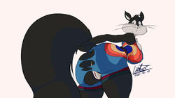 16:9 anthro clothing curvy_female curvy_figure domestic_cat felid feline felis female genitals hi_res looking_back looney_tunes mammal penelope_pussycat pussy solo torn_clothing walas21 warner_brothers widescreen