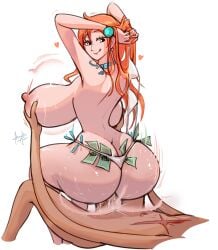 1boy 1girls acrylictoon akuma_no_mi ass breasts female gomu_gomu_no_mi male money monkey_d_luffy nami nami_(one_piece) nipples nude one_piece orange_hair partial_male post-timeskip prostitution reverse_cowgirl_position sex tagme unseen_male_face