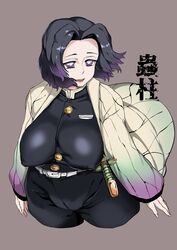 big_breasts black_hair demon_slayer erect_nipples female female_only fully_clothed hair_down haori huge_breasts jdoll kimetsu_no_yaiba kochou_shinobu nipple_bulge no_bra purple_eyes redchicken sagging_breasts short_hair solo two_tone_hair wide_hips