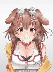 brown_hair cleavage collar cum cum_on_face dog_ears dog_girl hazel_eyes hololive hololive_gamers hololive_japan inugami_korone kemonomimi micon tissue twintails virtual_youtuber