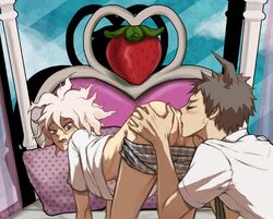 2boys all_fours anilingus anus ass ass_up closed_eyes clothed clothed_sex clothing color danganronpa danganronpa_2:_goodbye_despair gay hand_on_ass hinata_hajime licking licking_ass looking_back male male/male male_only male_penetrating nagito_komaeda on_bed rimjob rimming rimming_male sex straight_hair underwear_down yaoi yndr4hope