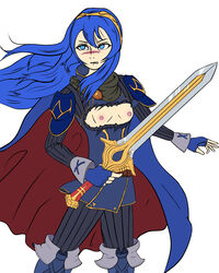 1girls blue_eyes blue_hair blush cape clenched_teeth embarrassed exposed_breasts falchion_(fire_emblem) fingerless_gloves fire_emblem fire_emblem_awakening flat_chest frown gloves long_hair lucina_(fire_emblem) nintendo nipples small_breasts solo solo_female sword tiara torn_clothes vlueno_jupiter weapon